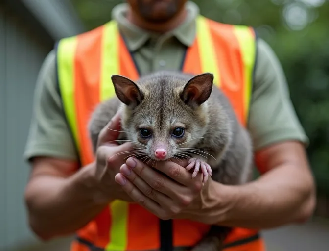 Animal handler safely recovering a deceased possum in Mount Helen