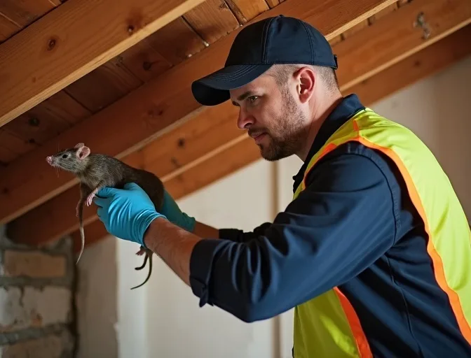 Technician inspecting a roof cavity for a dead rat in Mount Helen